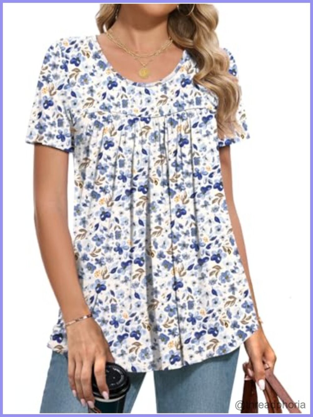 Womens Summer Tunic Top Short Sleeve Scoop Neck Blouse Flowy Casual
